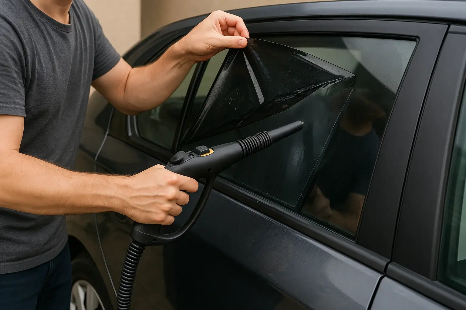 A person showing how to remove window tint as DIY