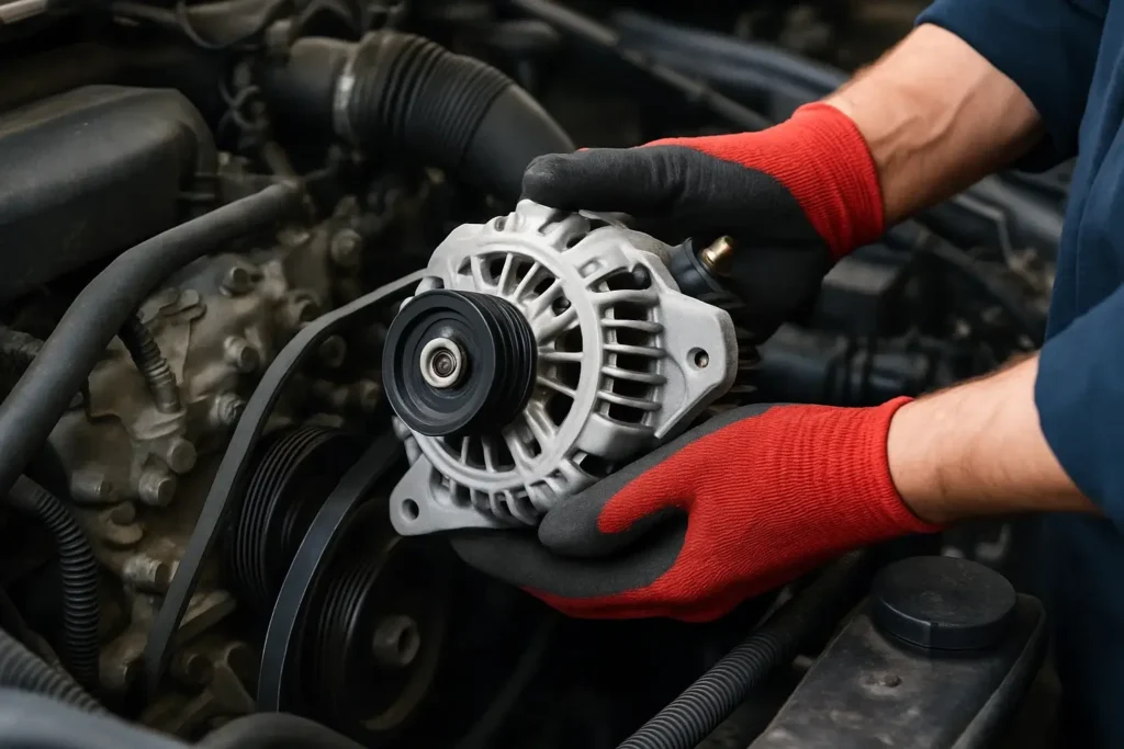 A mechanic changing and Alternator for a car.