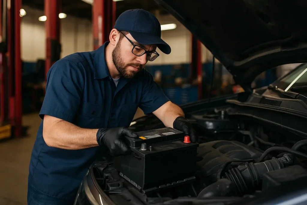 A mechanic trying to find the right car battery size and fit it inside the car.