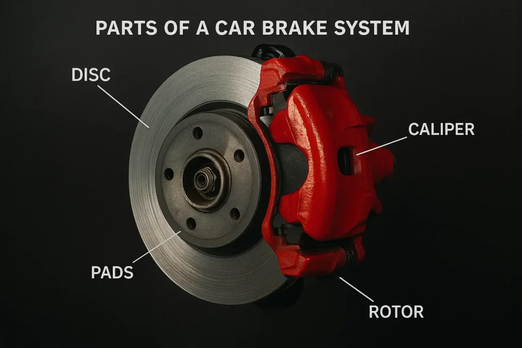 Labelled parts of a car brake explained