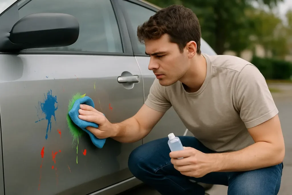 A young man trying to get pain off his car.