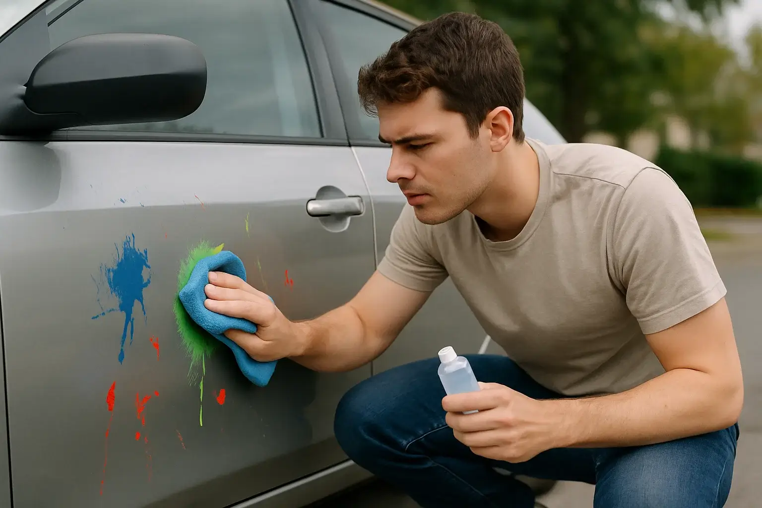 A young man trying to get pain off his car.