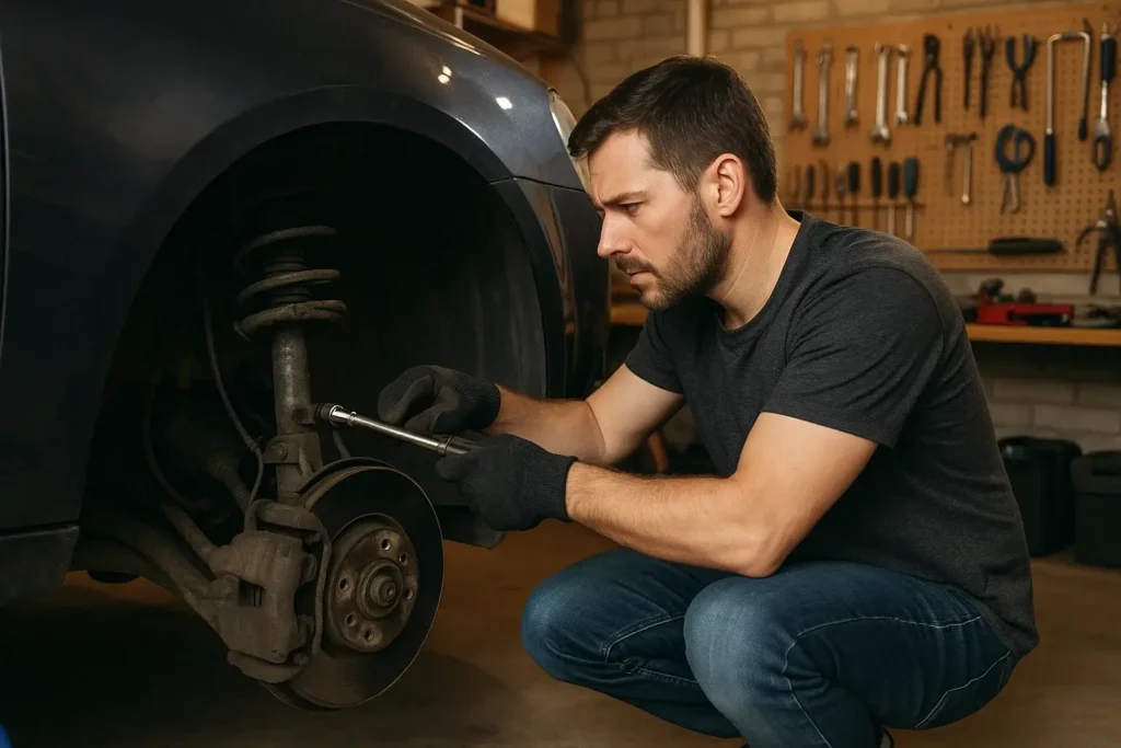 A man fixing his car suspension inside his garage.