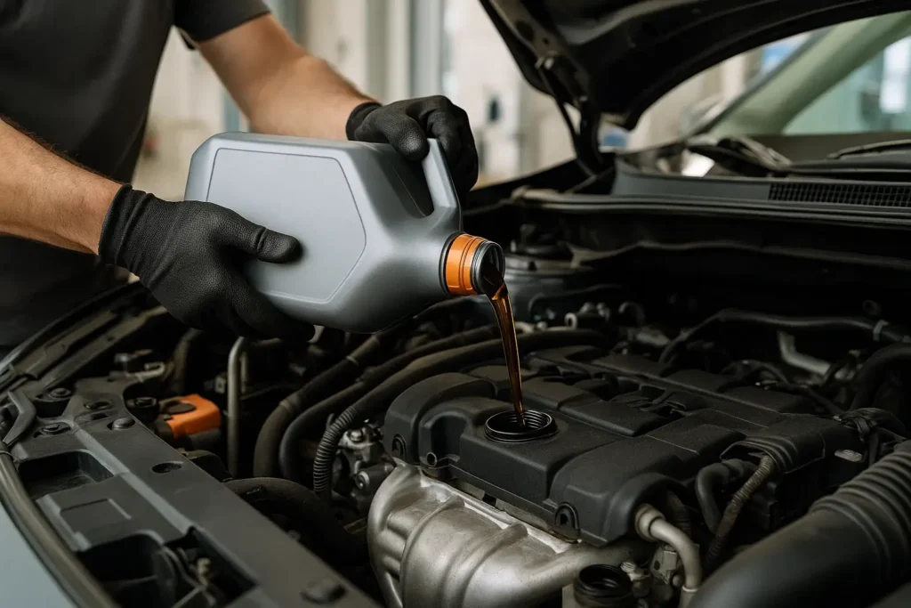 A mechanic changin car oill in a workshop