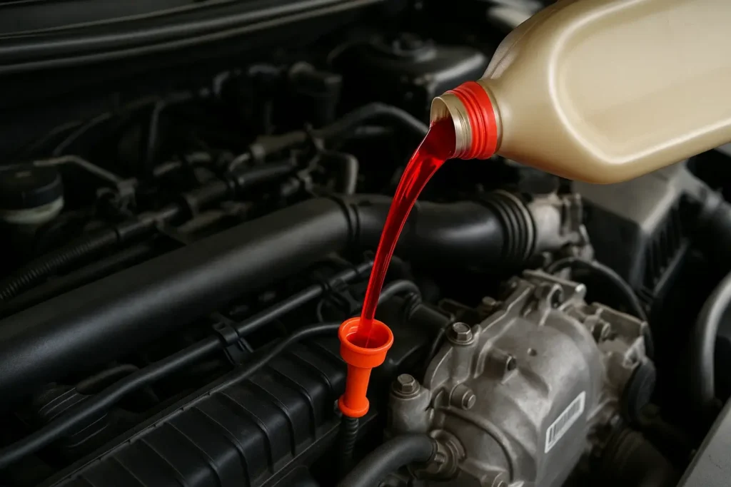 How to add transmission fluid. Transmission fluid being poured into a car's engine