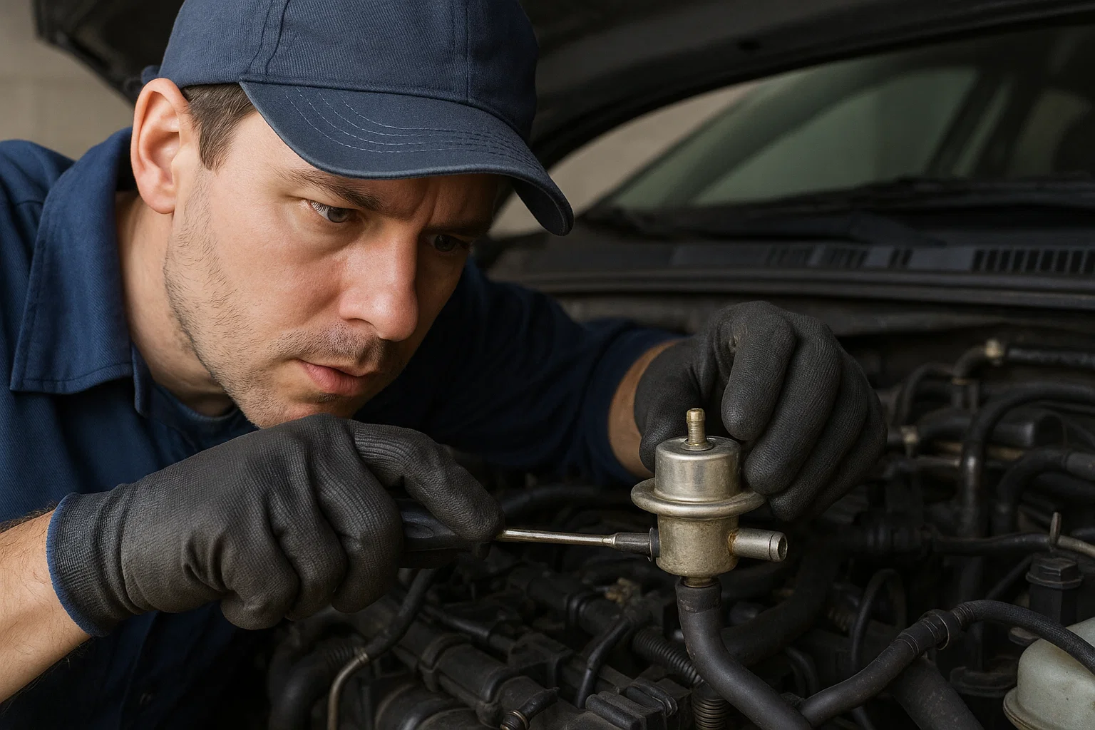 A mechanic fixing fuel pressure regulator in his workshop