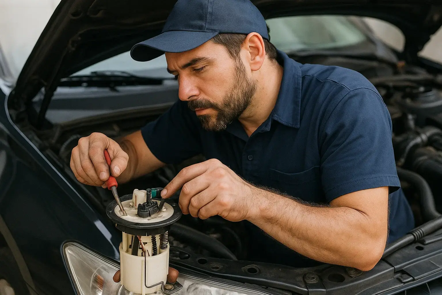 A mechanic fixing a bad fuel pump