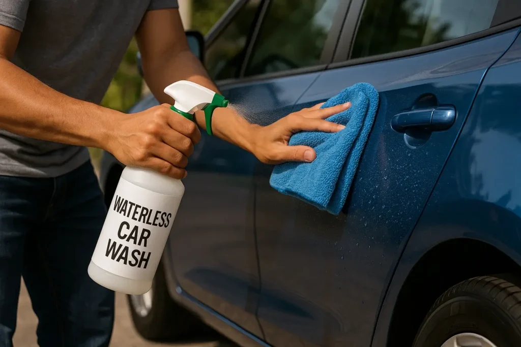 A man cleaning his car with waterless car wash