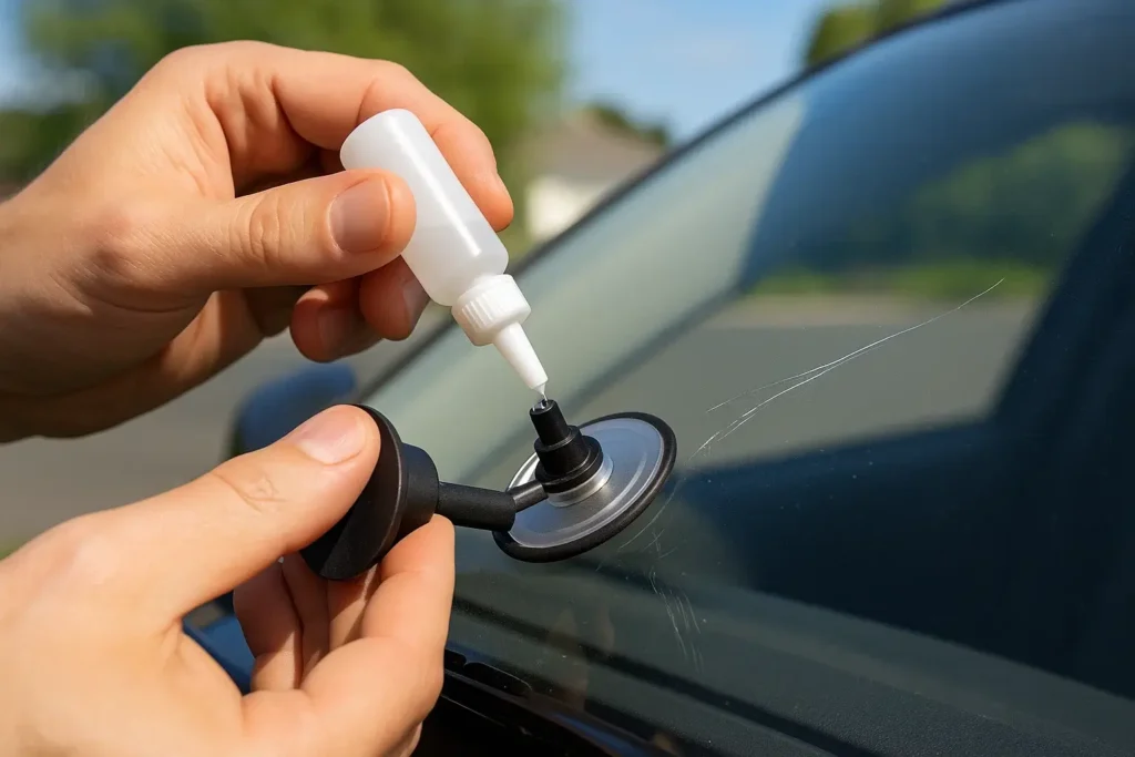 A man working on his windshield scratch repair.