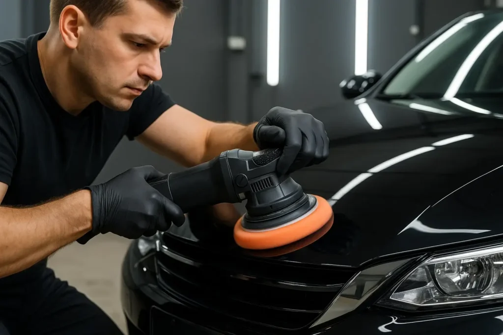 Car being polished after scratch repair done successfuly. 